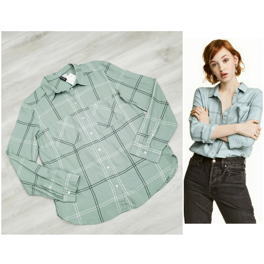 New H&M Divided Green Checkered Button Down Long Sleeves Cotton Shirt sz 4